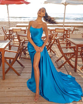 Ocean Blue Strapless Ruffles Sheath Side Slit Prom Dress